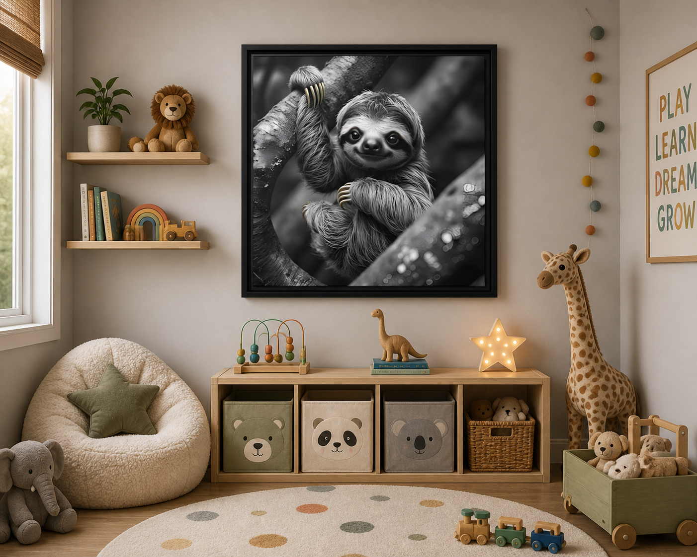 Children's room with sloth artwork