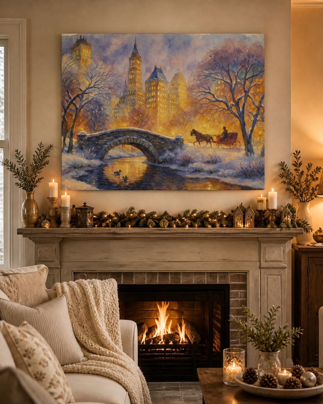 Cozy living room with a fireplace, mantel decorations, and a painting of a cityscape.