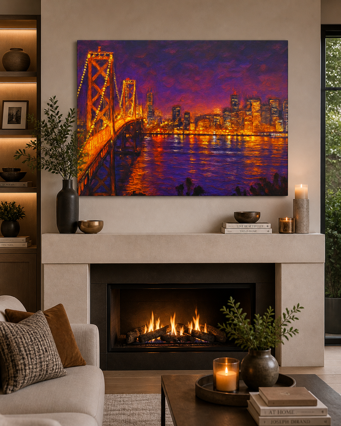 Living room with a fireplace, decorative items, and a large painting of a city skyline.