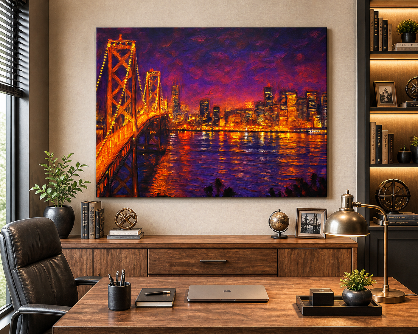 Modern office interior with a large cityscape painting on the wall.