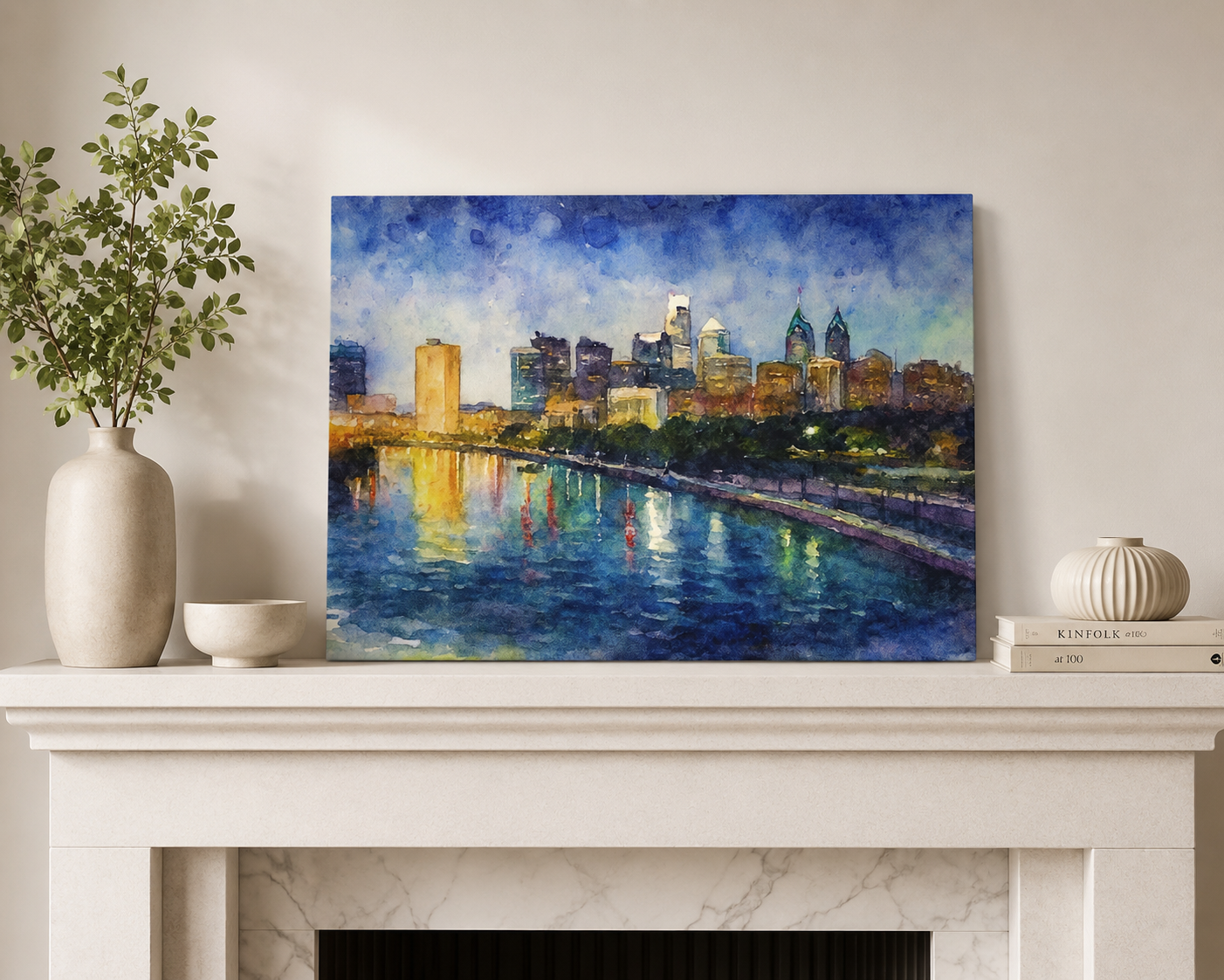 Philadelphia skyline canvas on mantle