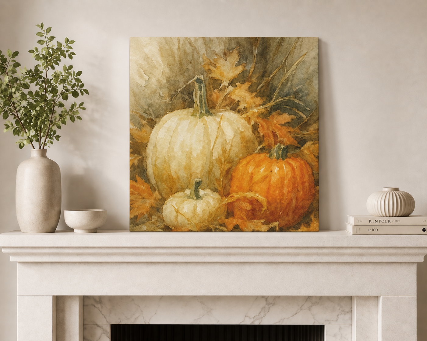Fall Pumpkin Watercolor Canvas Wall Art – Rustic Autumn Harvest Decor, Farmhouse Pumpkin Painting Print