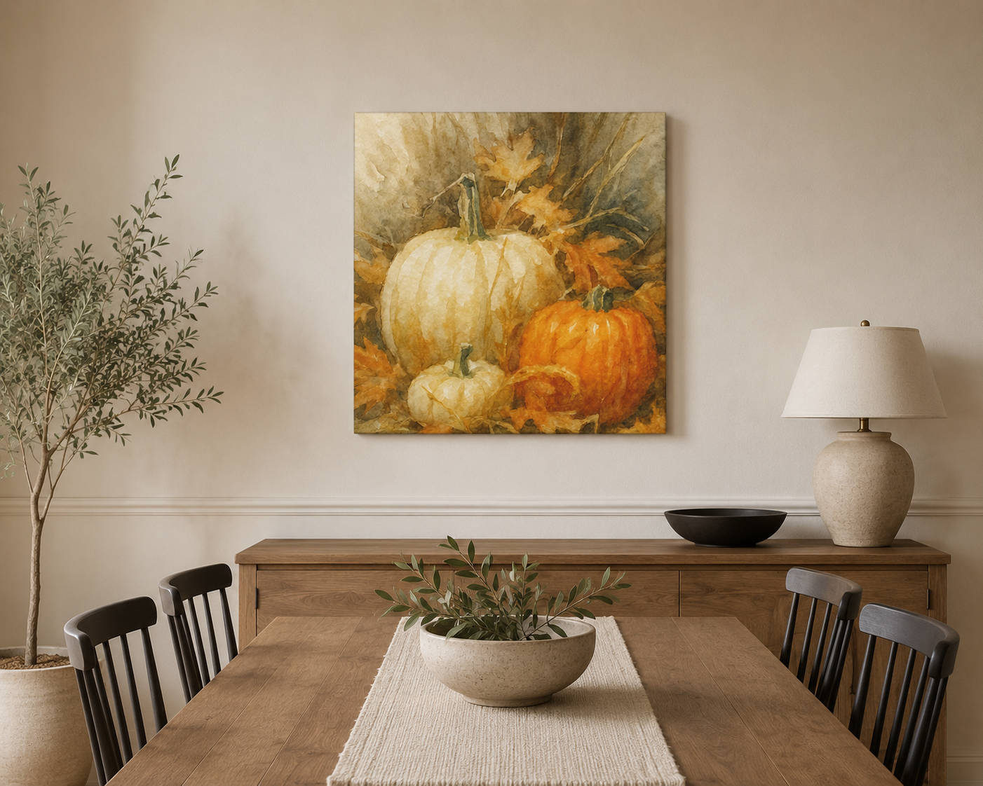 Fall Pumpkin Watercolor Canvas Wall Art – Rustic Autumn Harvest Decor, Farmhouse Pumpkin Painting Print