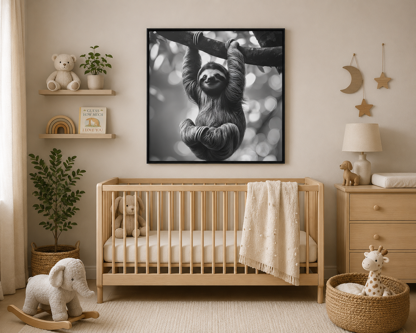 Black and whit sloth on nursery wall
