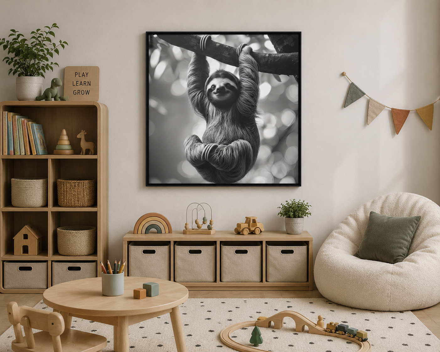 hanging sloth on playroom wall