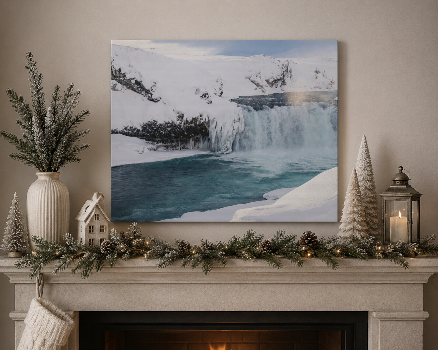winter waterfall on mantle