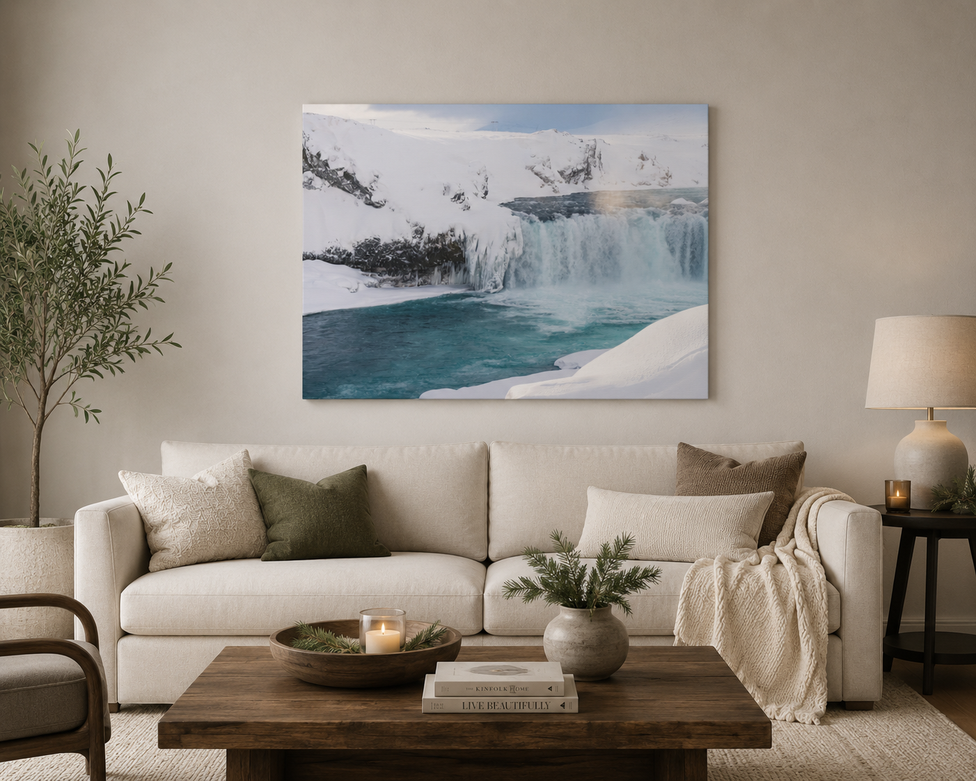 Winter waterfall on modern home wall