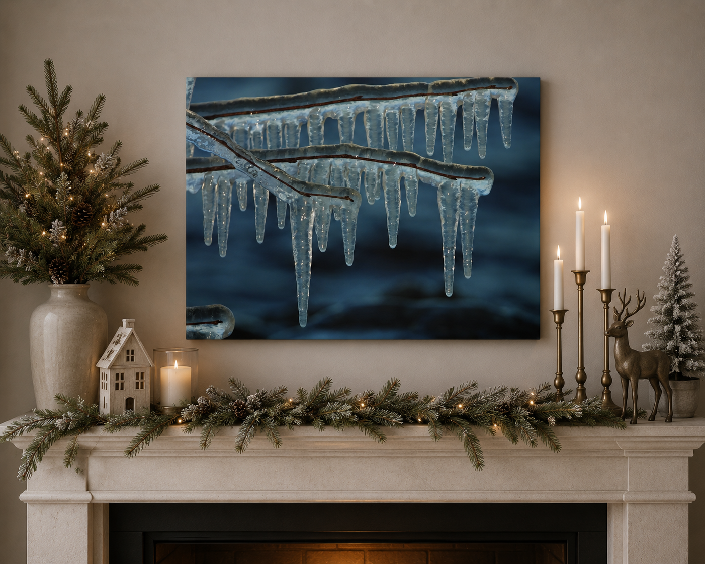 Frozen icicles canvas above decorated mantle