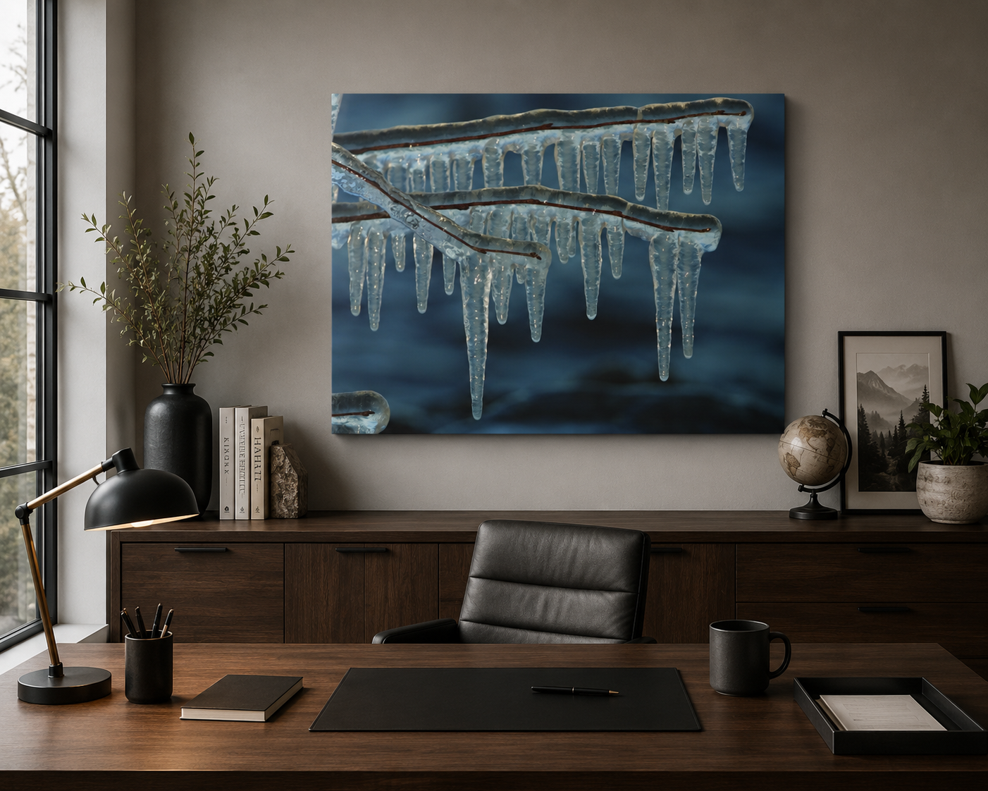 Frozen icicles on office wall
