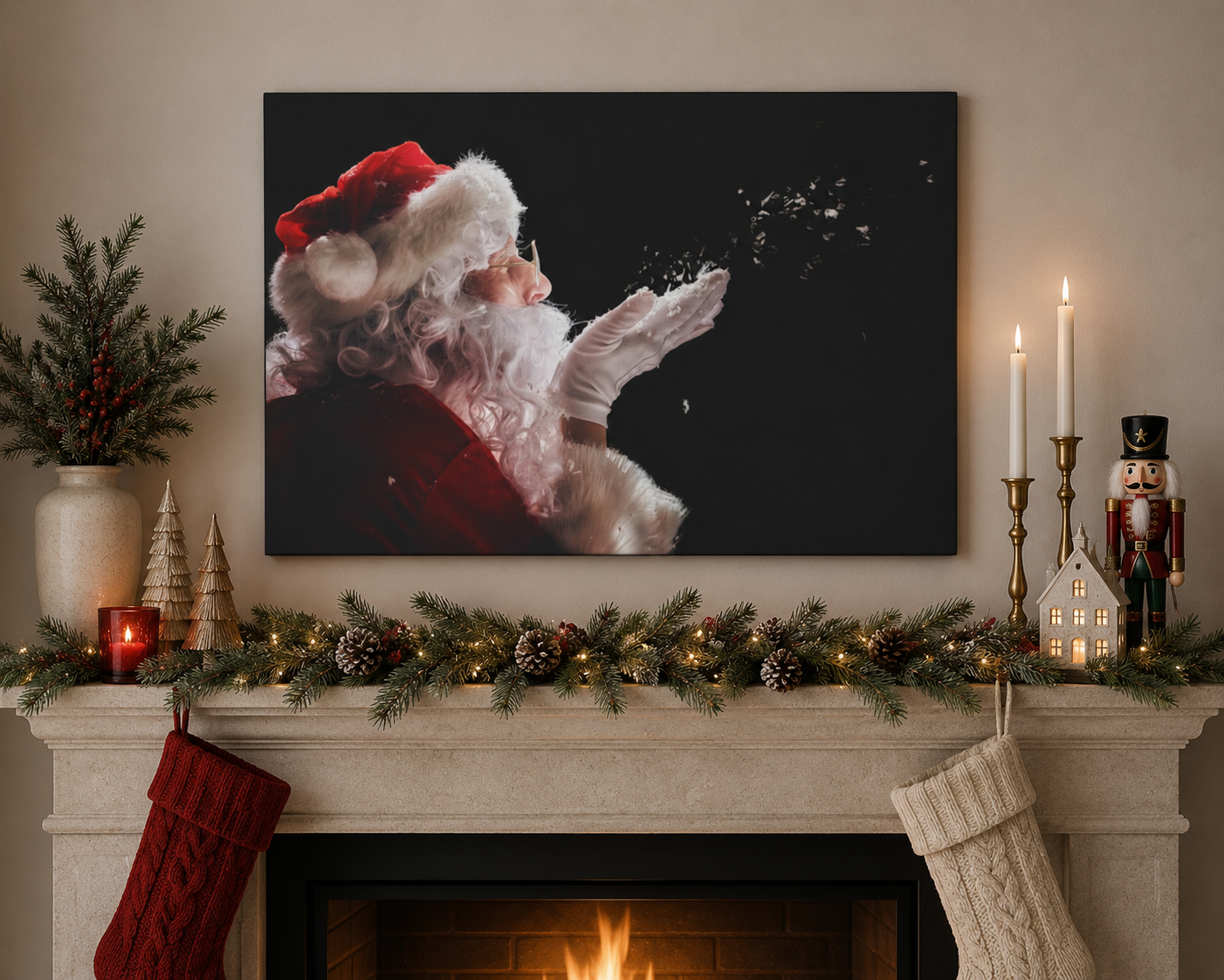 Santa blowing snow above a mantle