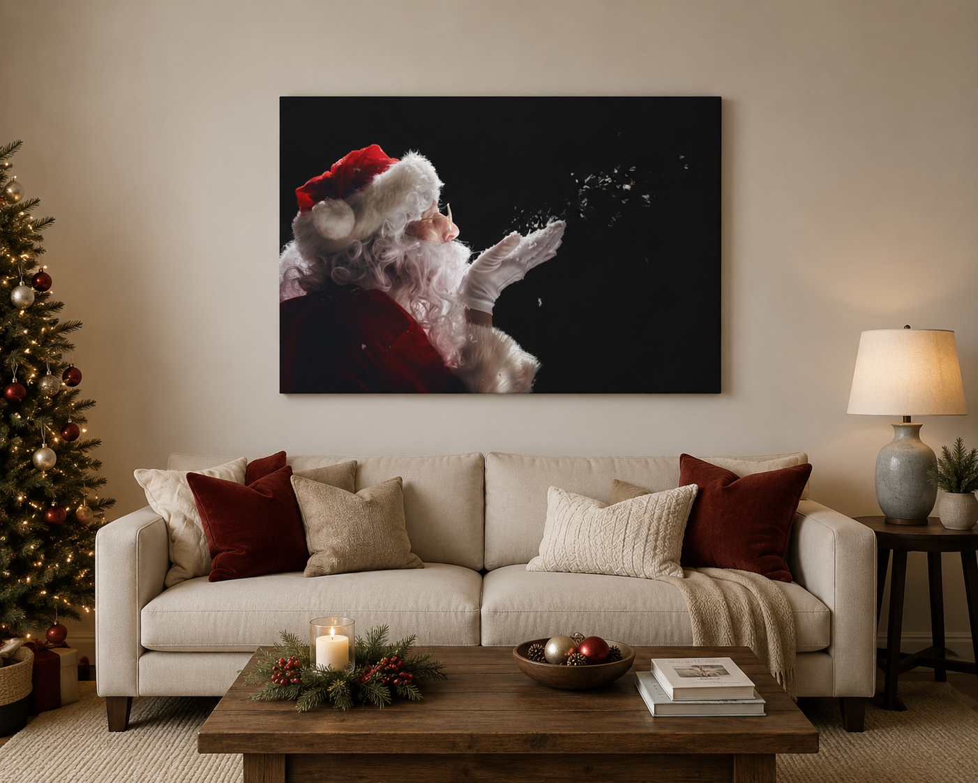 santa blowing snow on wall of modern living room