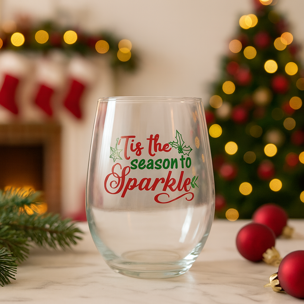 Tis the Season to Sparkle Stemless Wine Glass | Holiday Wine Glass | Christmas Gift for Her | Festive Drinkware | Party Hostess Gift