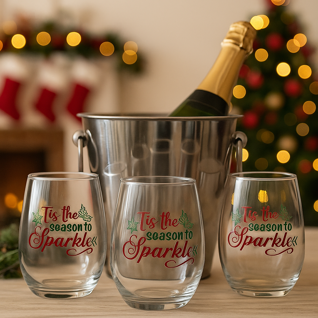 Tis the Season to Sparkle Stemless Wine Glass | Holiday Wine Glass | Christmas Gift for Her | Festive Drinkware | Party Hostess Gift