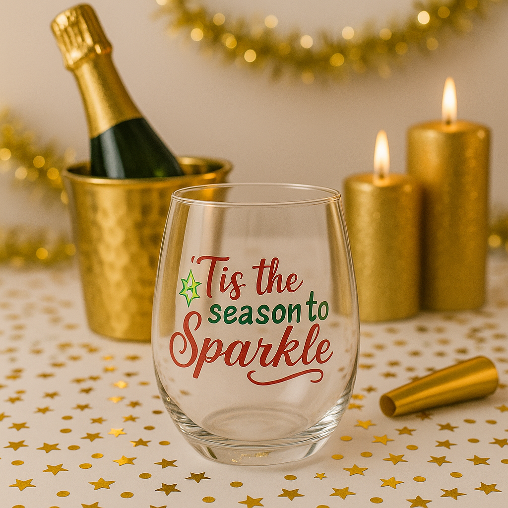 Tis the Season to Sparkle Stemless Wine Glass | Holiday Wine Glass | Christmas Gift for Her | Festive Drinkware | Party Hostess Gift