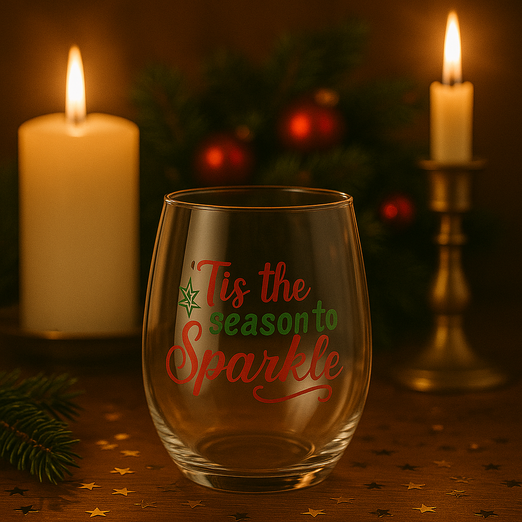 Tis the Season to Sparkle Stemless Wine Glass | Holiday Wine Glass | Christmas Gift for Her | Festive Drinkware | Party Hostess Gift