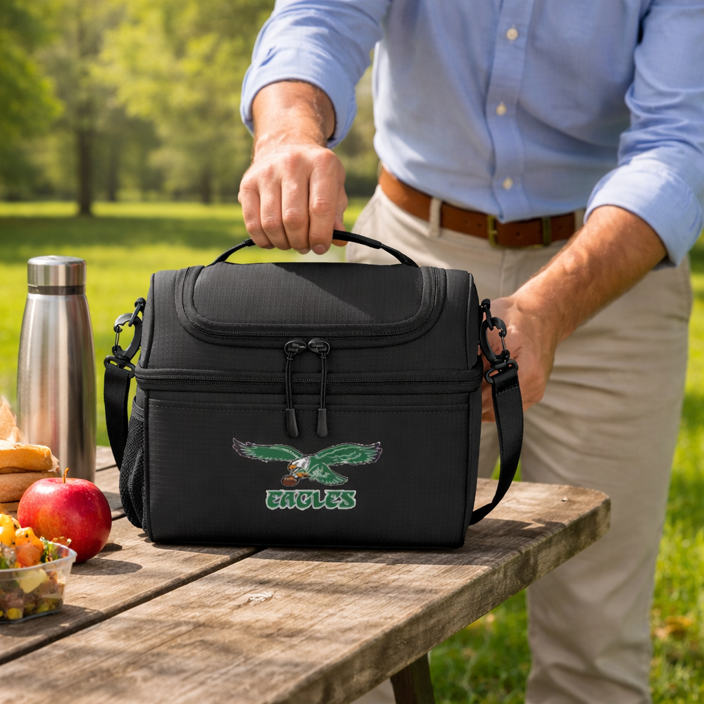 Person holding a black cooler bag with an eagle logo on a picnic table outdoors.