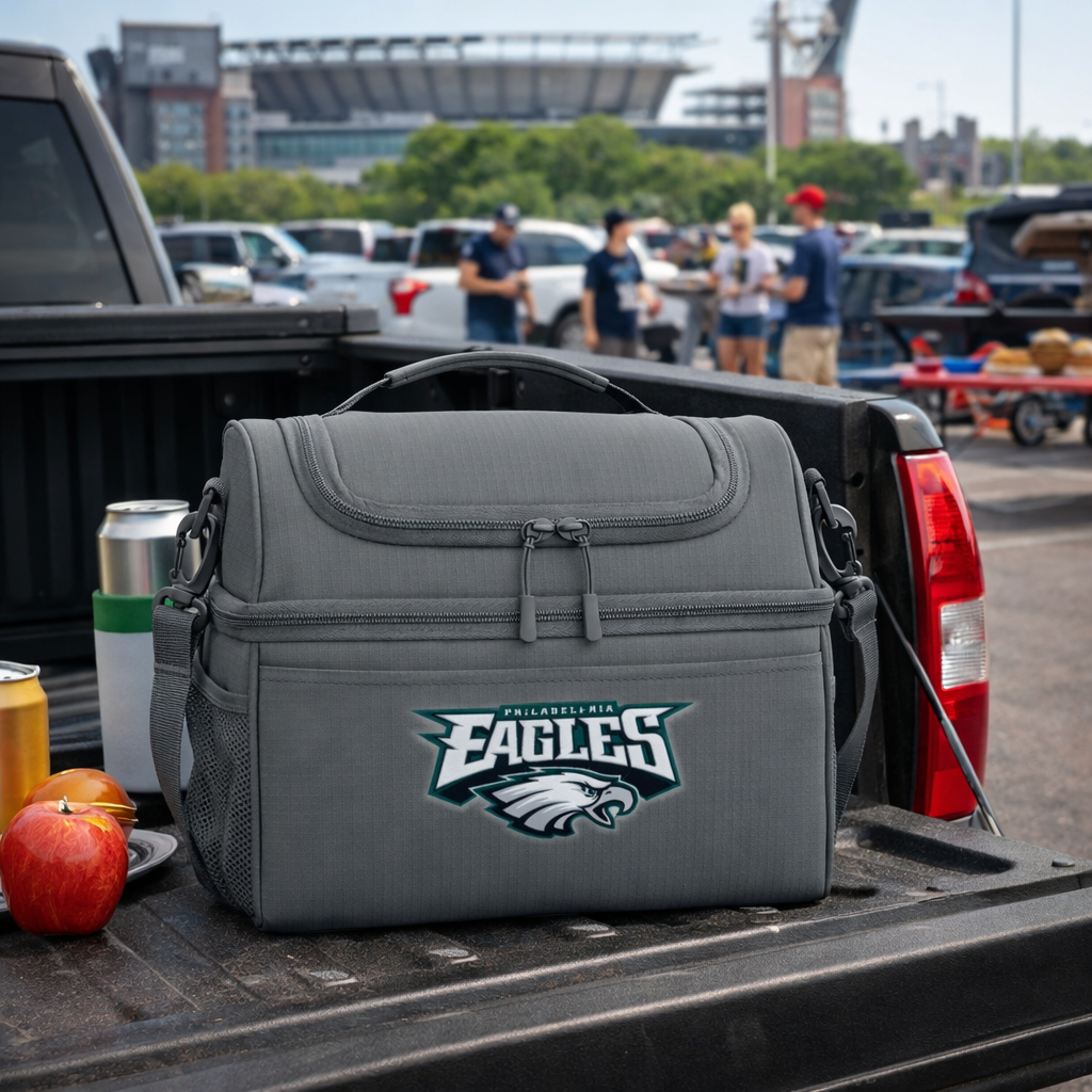 Gray cooler bag with Philadelphia Eagles logo on a truck bed with tailgate party scene.