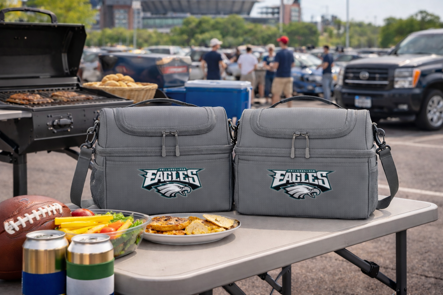 Two gray cooler bags with Eagles logo on a picnic table with food and drinks, outdoors.