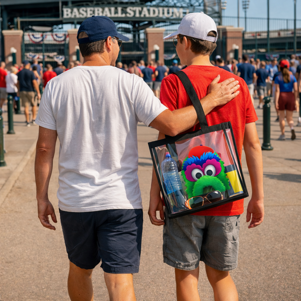 Two people walking together with a clear bag featuring a colorful character at a baseball stadium.