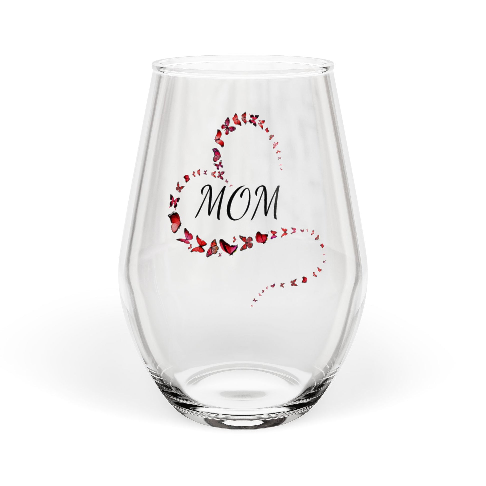Clear glass with 'MOM' and floral design on a white background