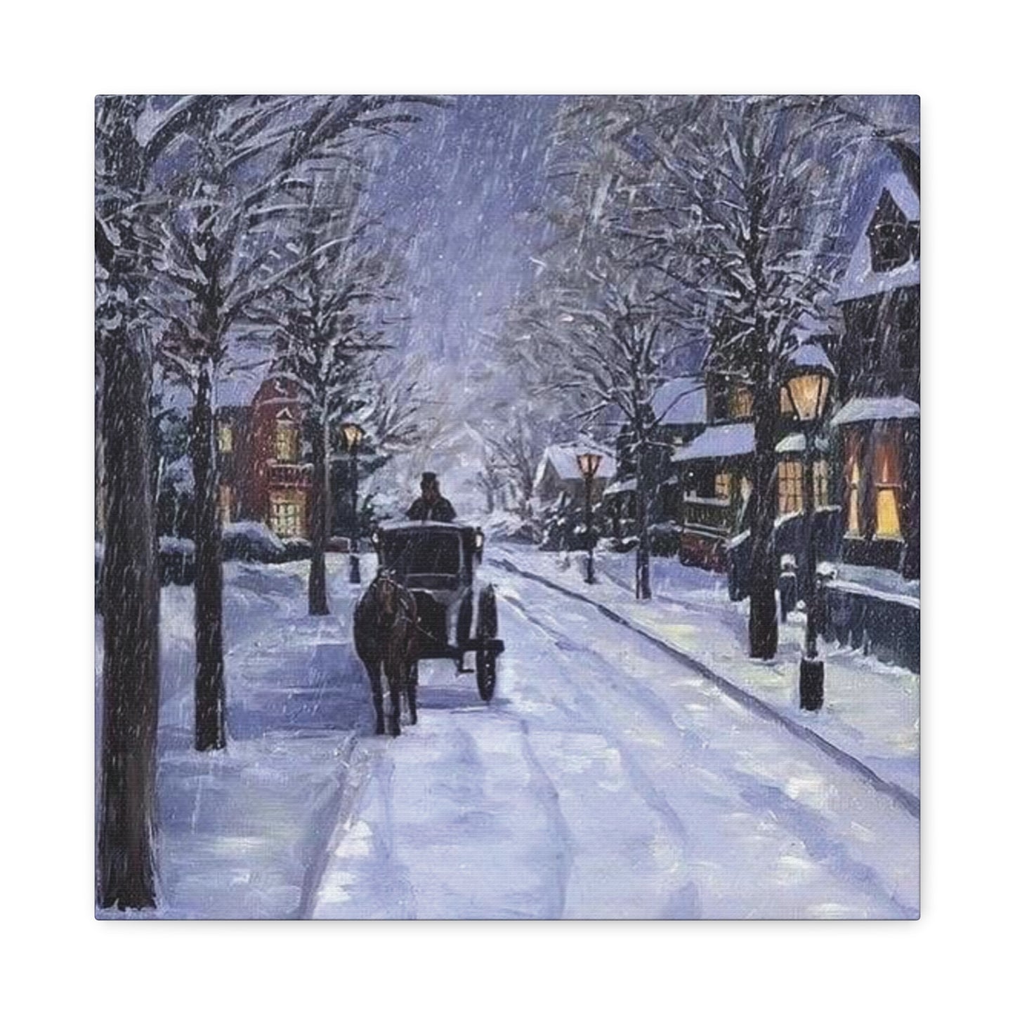 Winter scene with a horse-drawn carriage on a snow-covered street at night.
