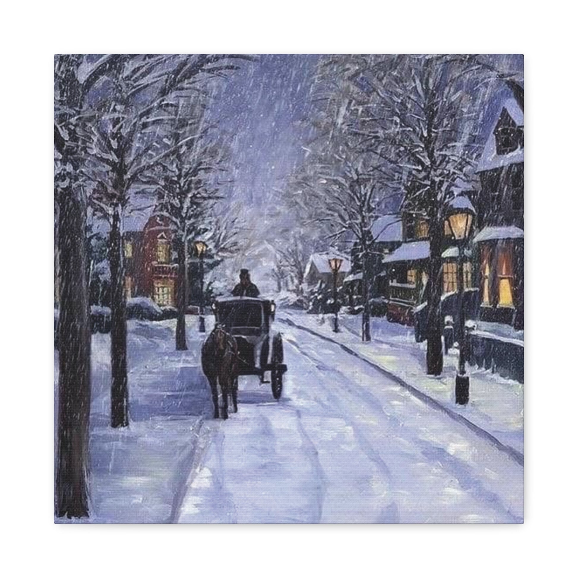 Winter scene with a horse-drawn carriage on a snow-covered street at night.