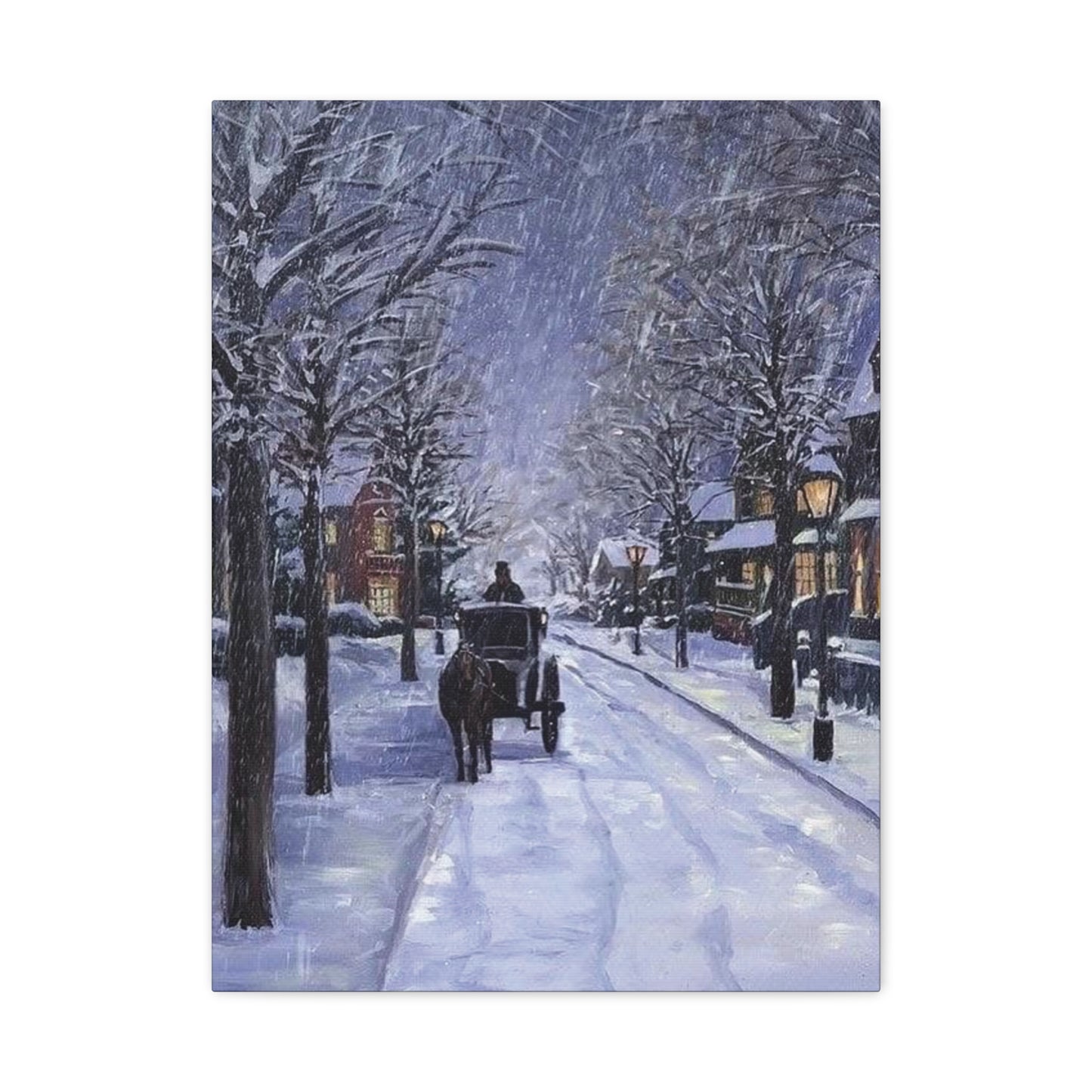  artwork of a snowy street scene with a horse-drawn carriag