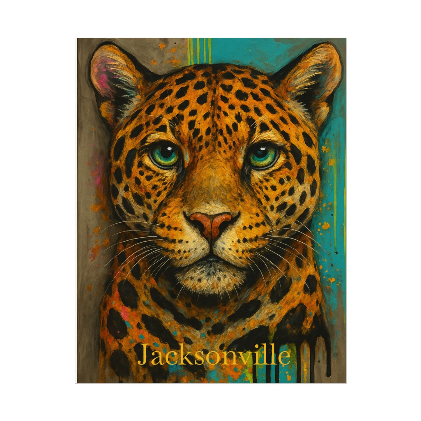 Jacksonville Watercolor Poster | Grunge Teal & Gold Jaguar Art Print | Bold Wildlife Painting