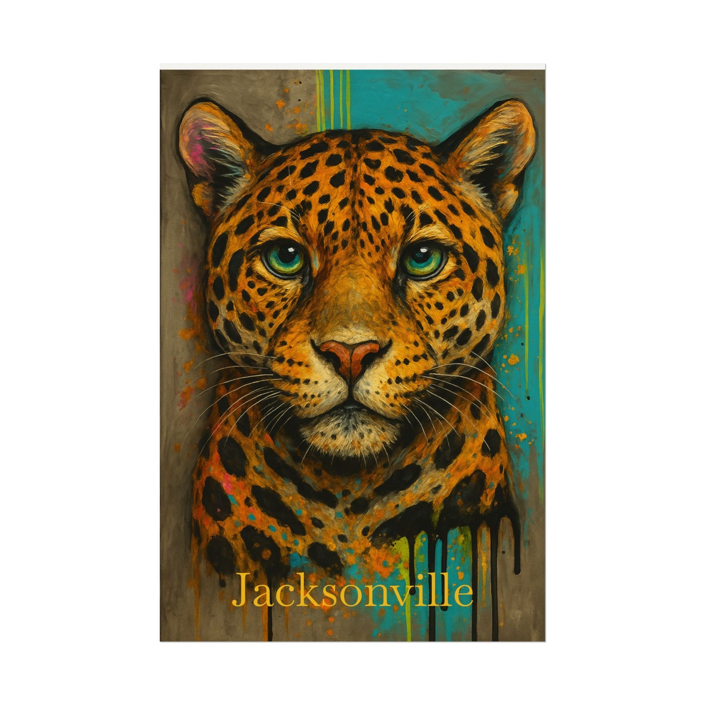 Jacksonville Watercolor Poster | Grunge Teal & Gold Jaguar Art Print | Bold Wildlife Painting