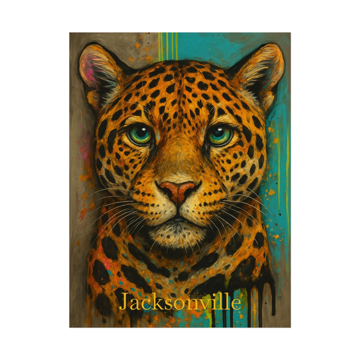 Jacksonville Watercolor Poster | Grunge Teal & Gold Jaguar Art Print | Bold Wildlife Painting