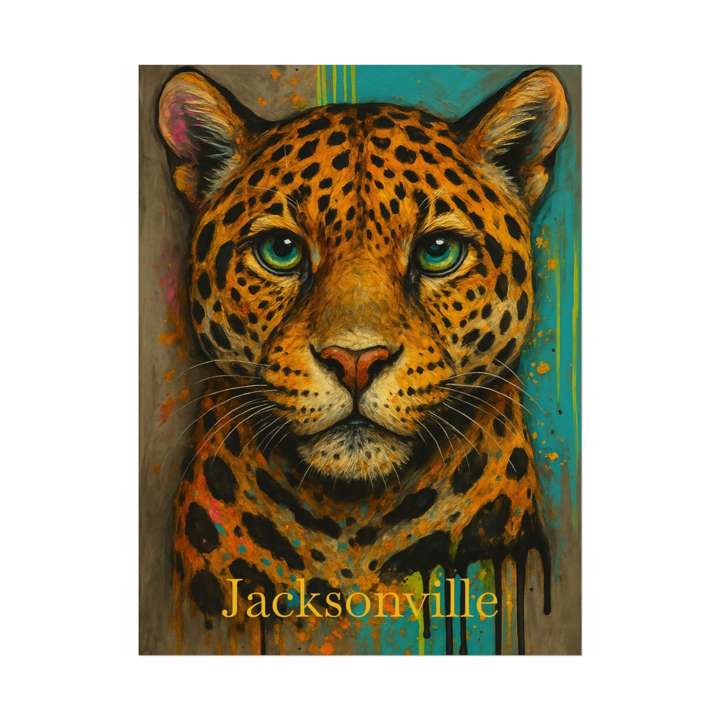 Jacksonville Watercolor Poster | Grunge Teal & Gold Jaguar Art Print | Bold Wildlife Painting