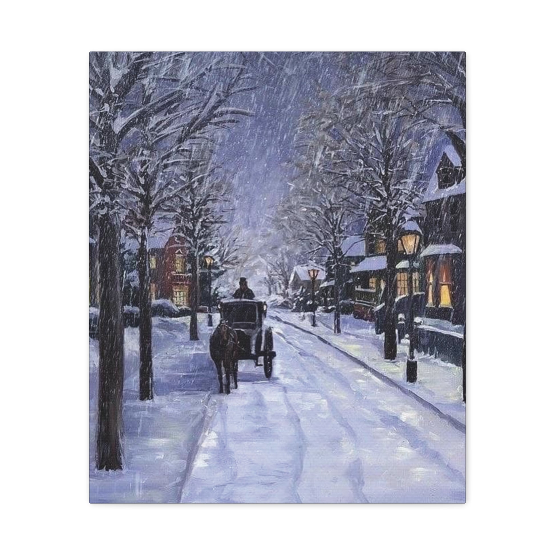 Winter scene with a horse-drawn carriage on a snow-covered street.