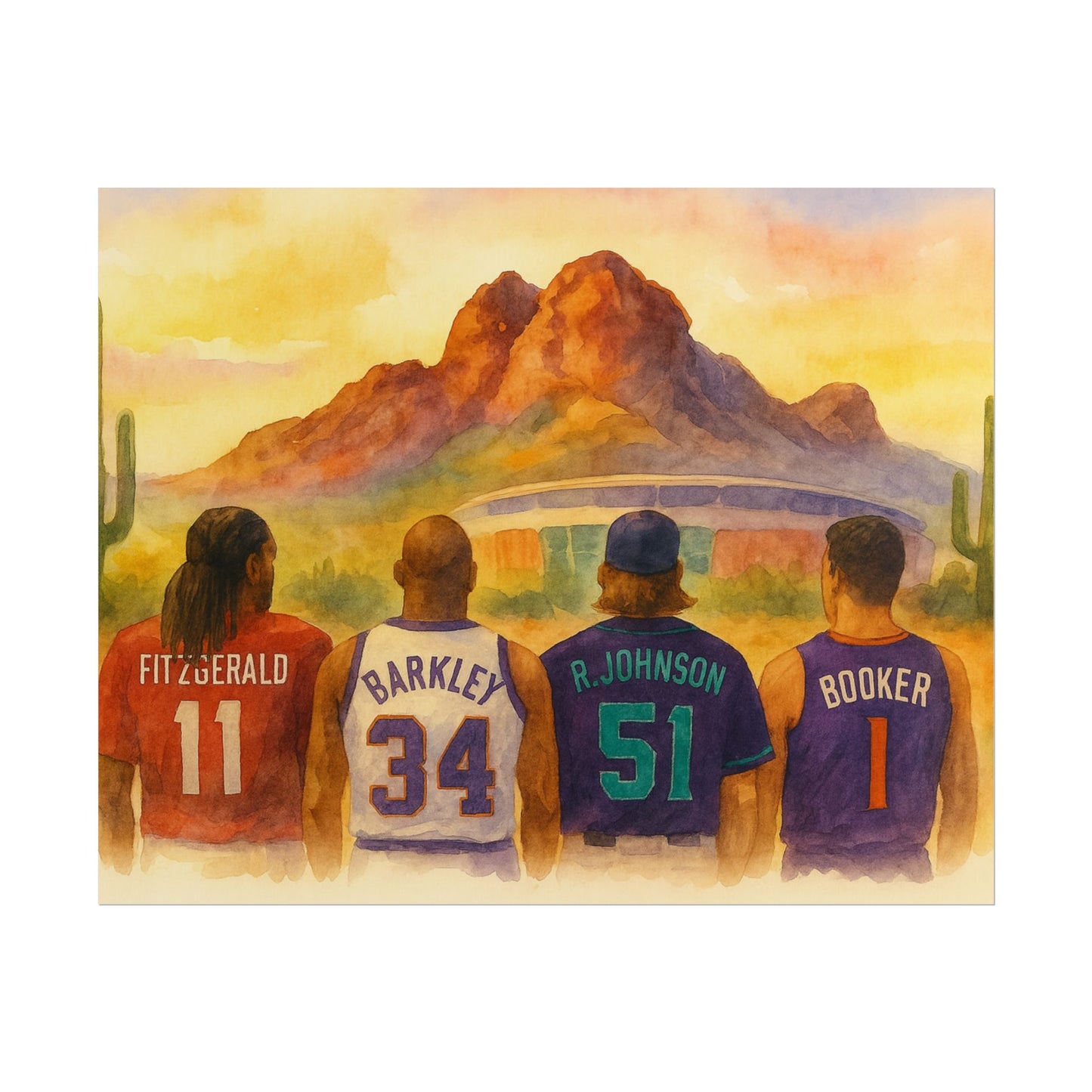 Four individuals wearing sports jerseys with names and numbers, standing in front of a mountainous landscape.