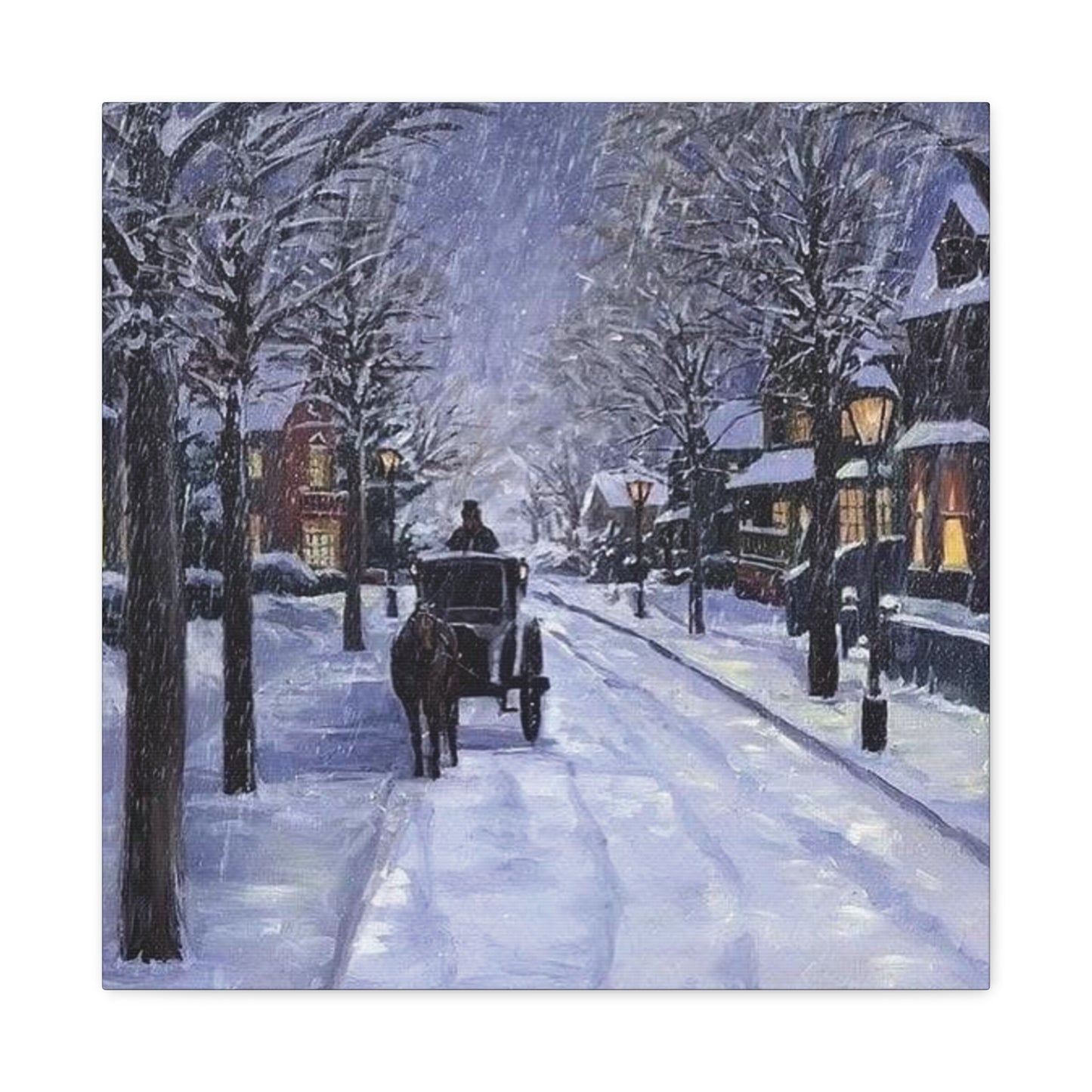 Winter scene with a horse-drawn carriage on a snow-covered street.