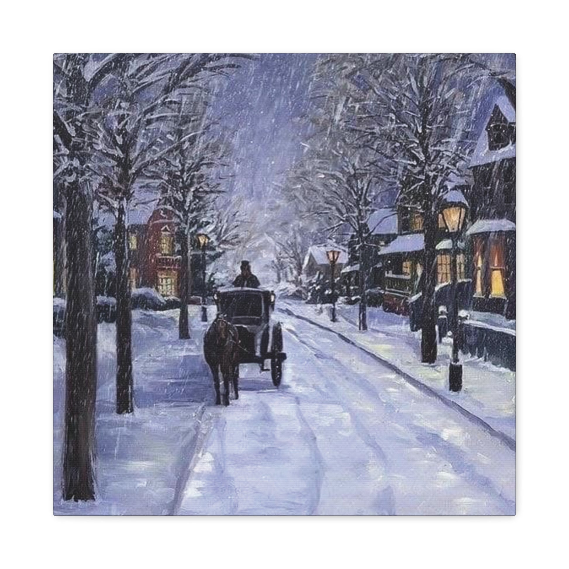 Winter scene with a horse-drawn carriage on a snow-covered street.