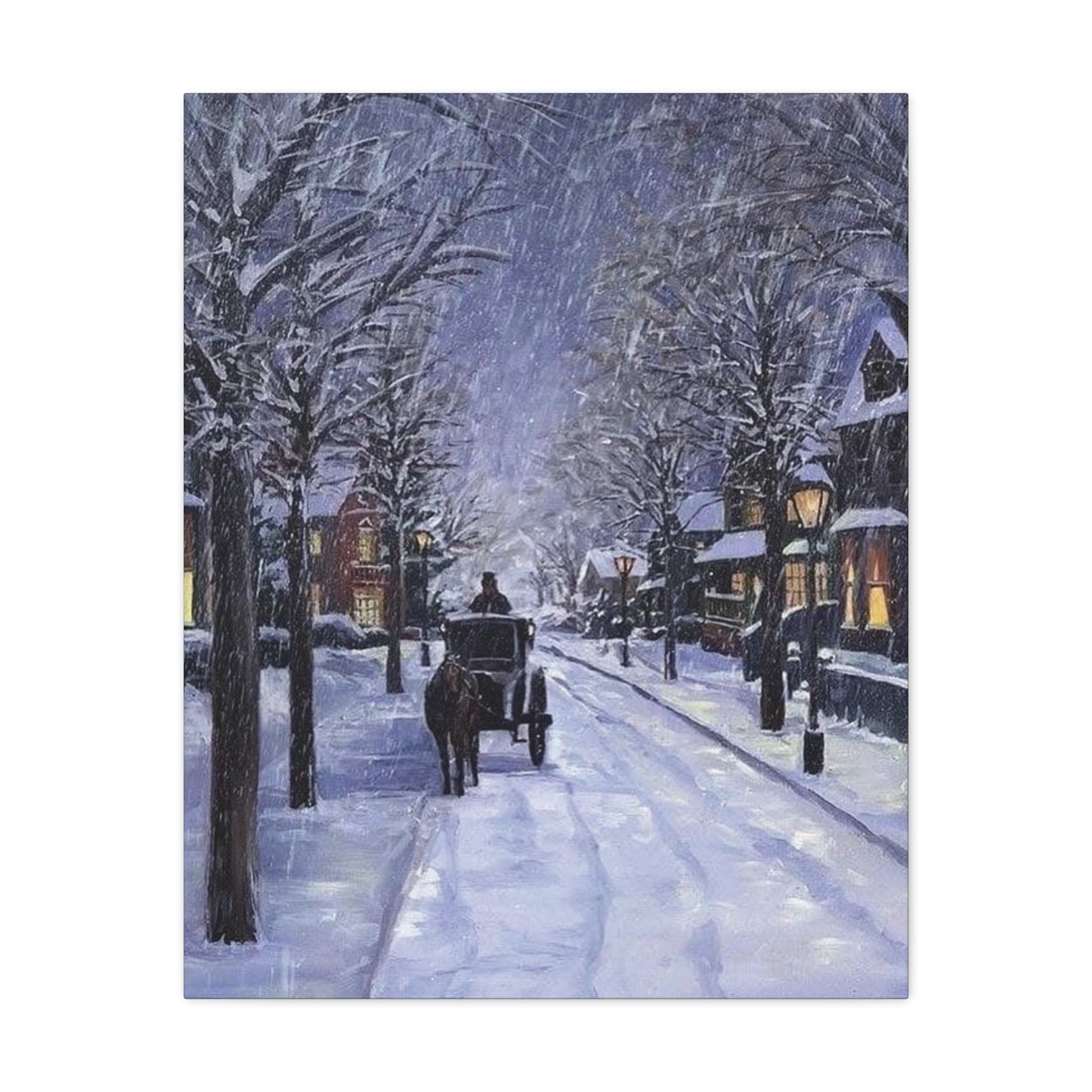 Painting of a snowy street scene with a horse-drawn carriage.