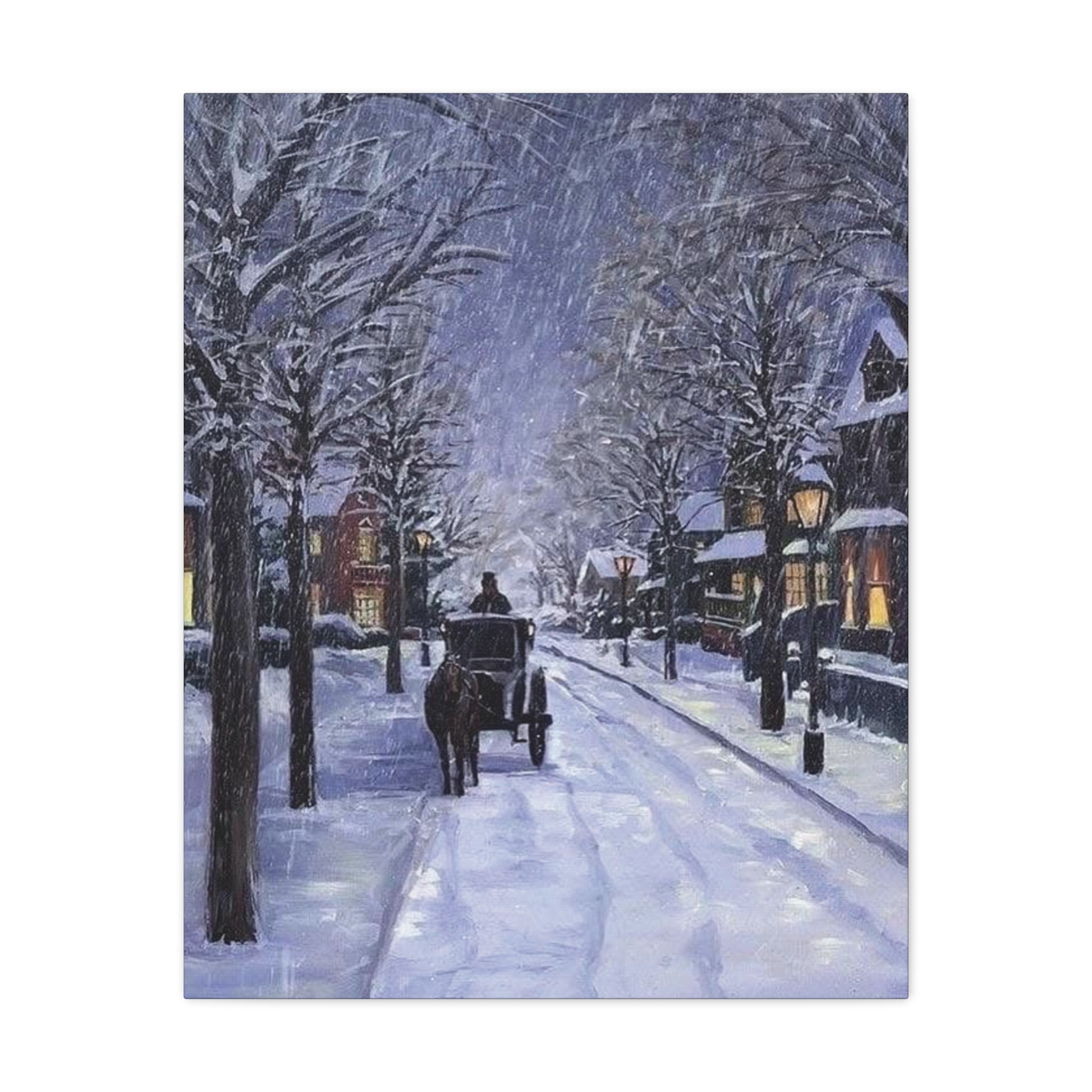 Painting of a snowy street scene with a horse-drawn carriage.