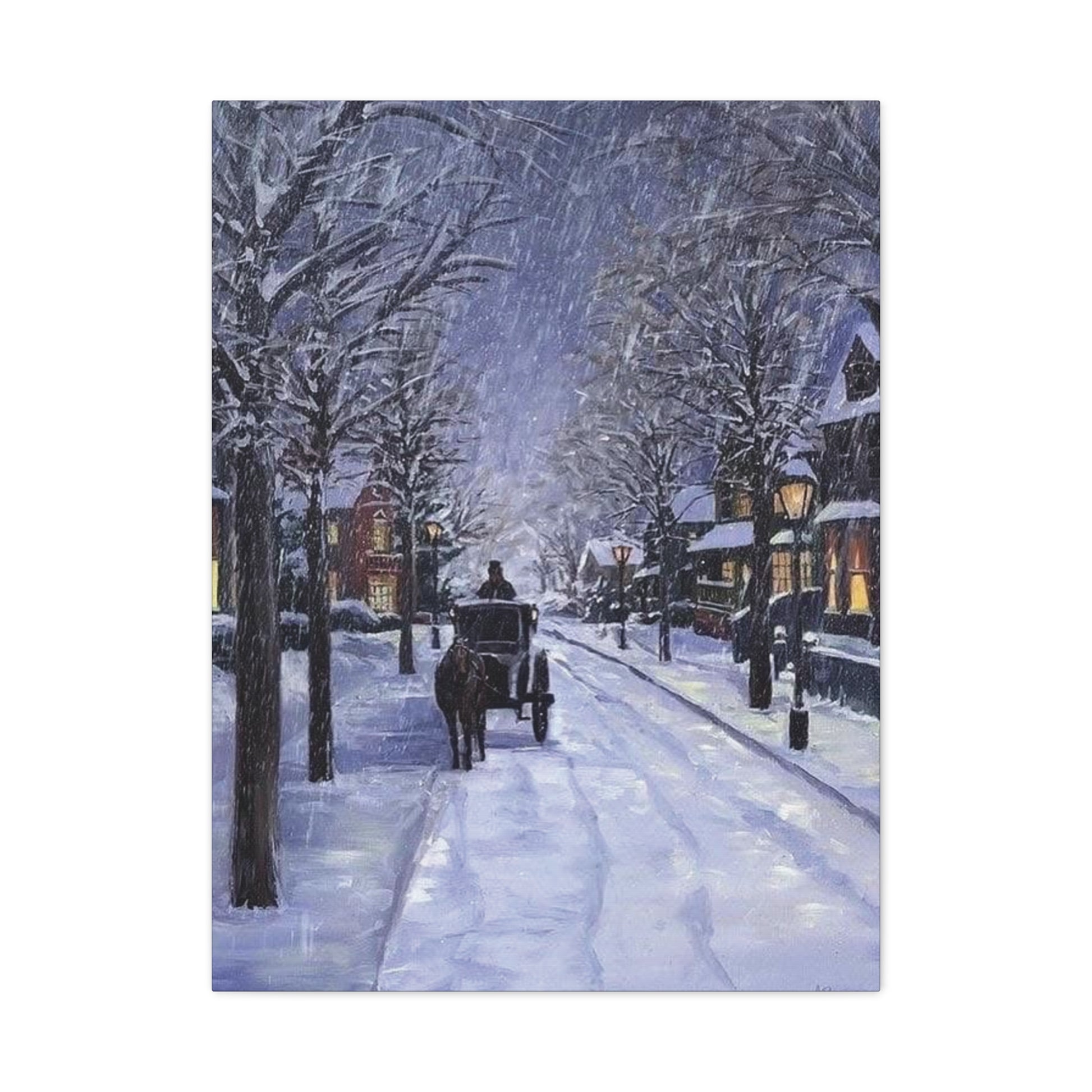 Painting of a snowy street scene with a horse-drawn carriage and people walking.