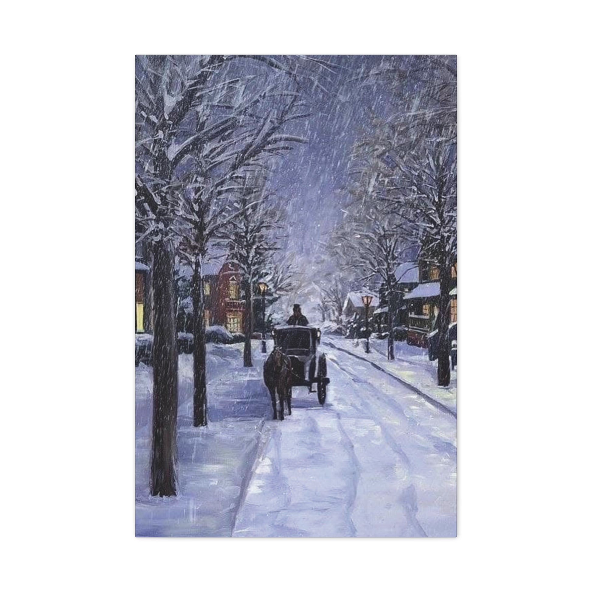  artwork of a snowy street scene with a horse-drawn carriag