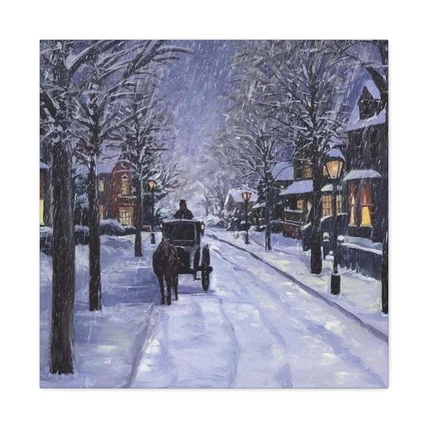 Winter scene with a horse-drawn carriage on a snow-covered street.