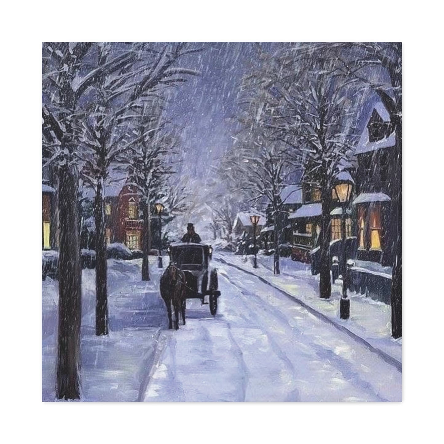 Winter scene with a horse-drawn carriage on a snow-covered street.