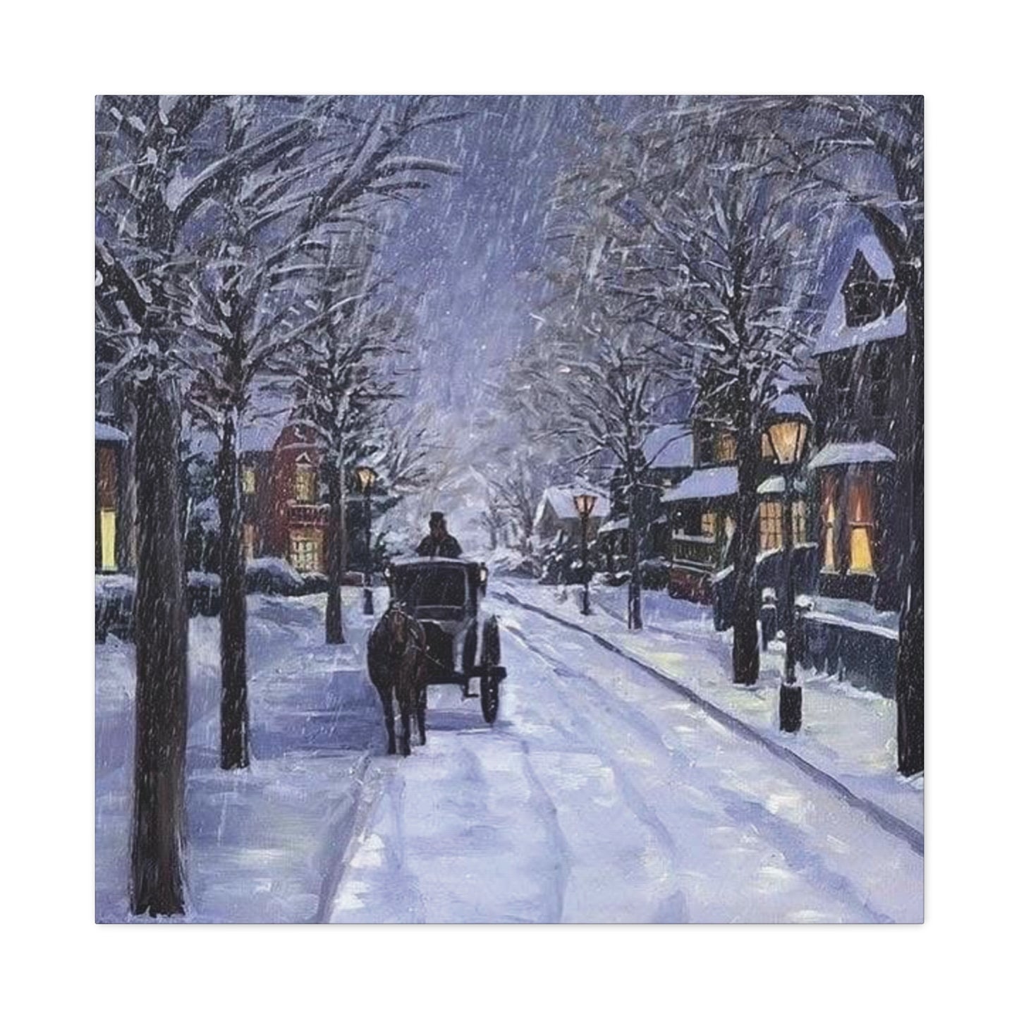 Winter scene with a horse-drawn carriage on a snow-covered street.