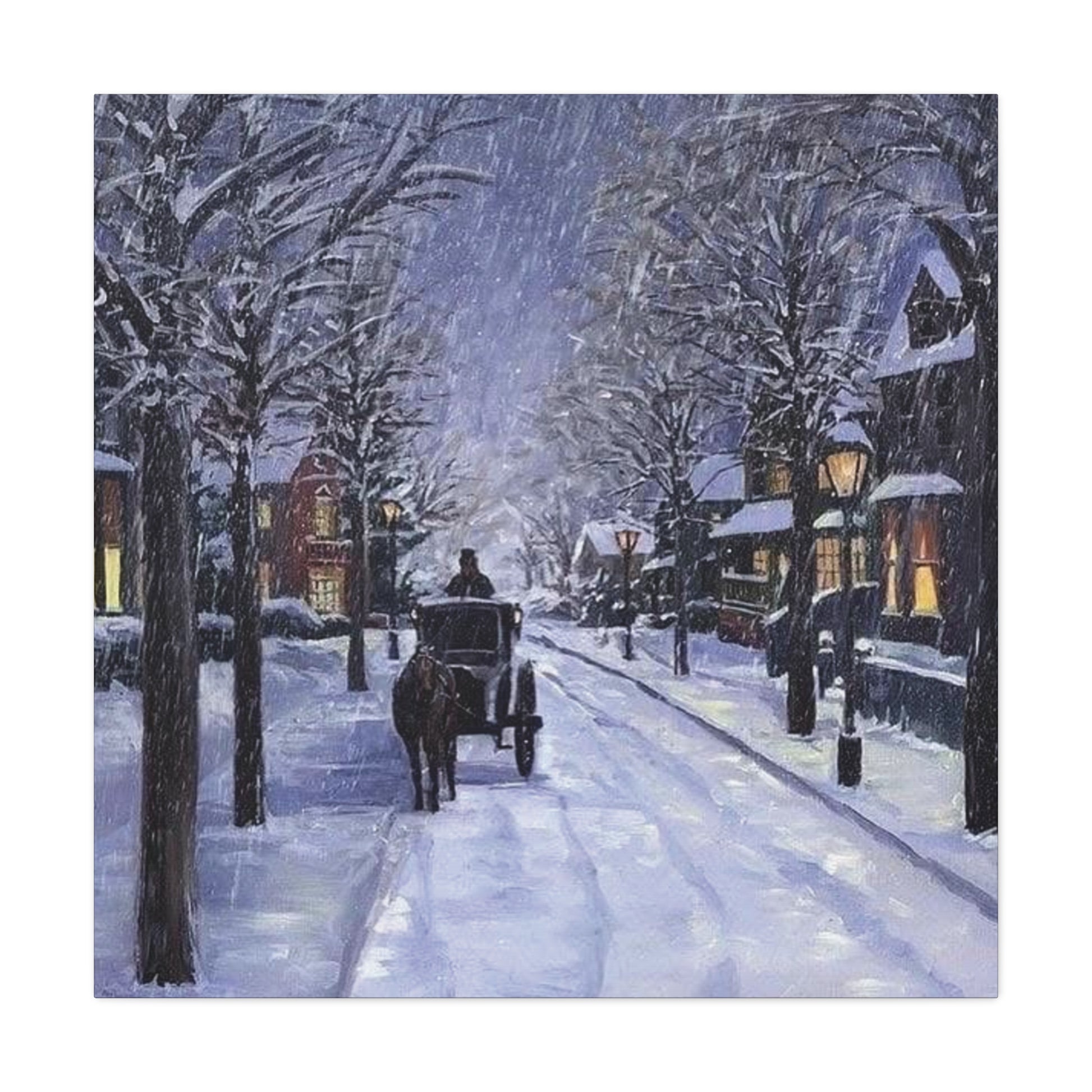 Winter scene with a horse-drawn carriage on a snow-covered street.