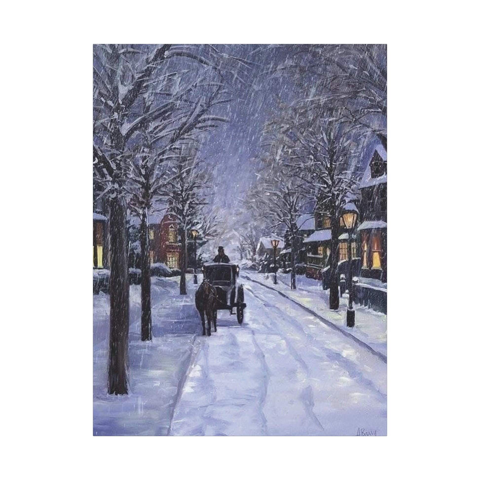 Winter scene with a horse-drawn carriage on a snow-covered street.