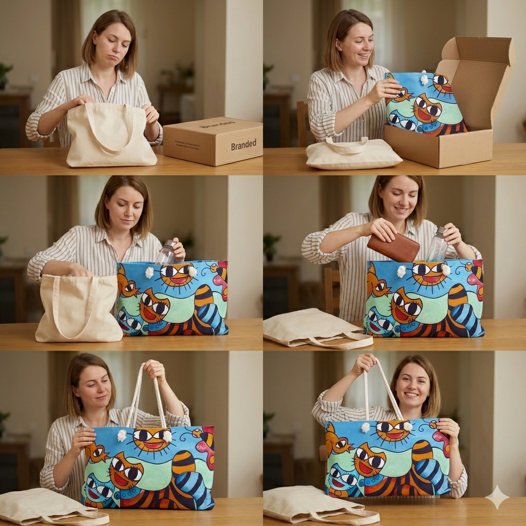 Woman unboxing and examining a colorful bag with cartoon designs.