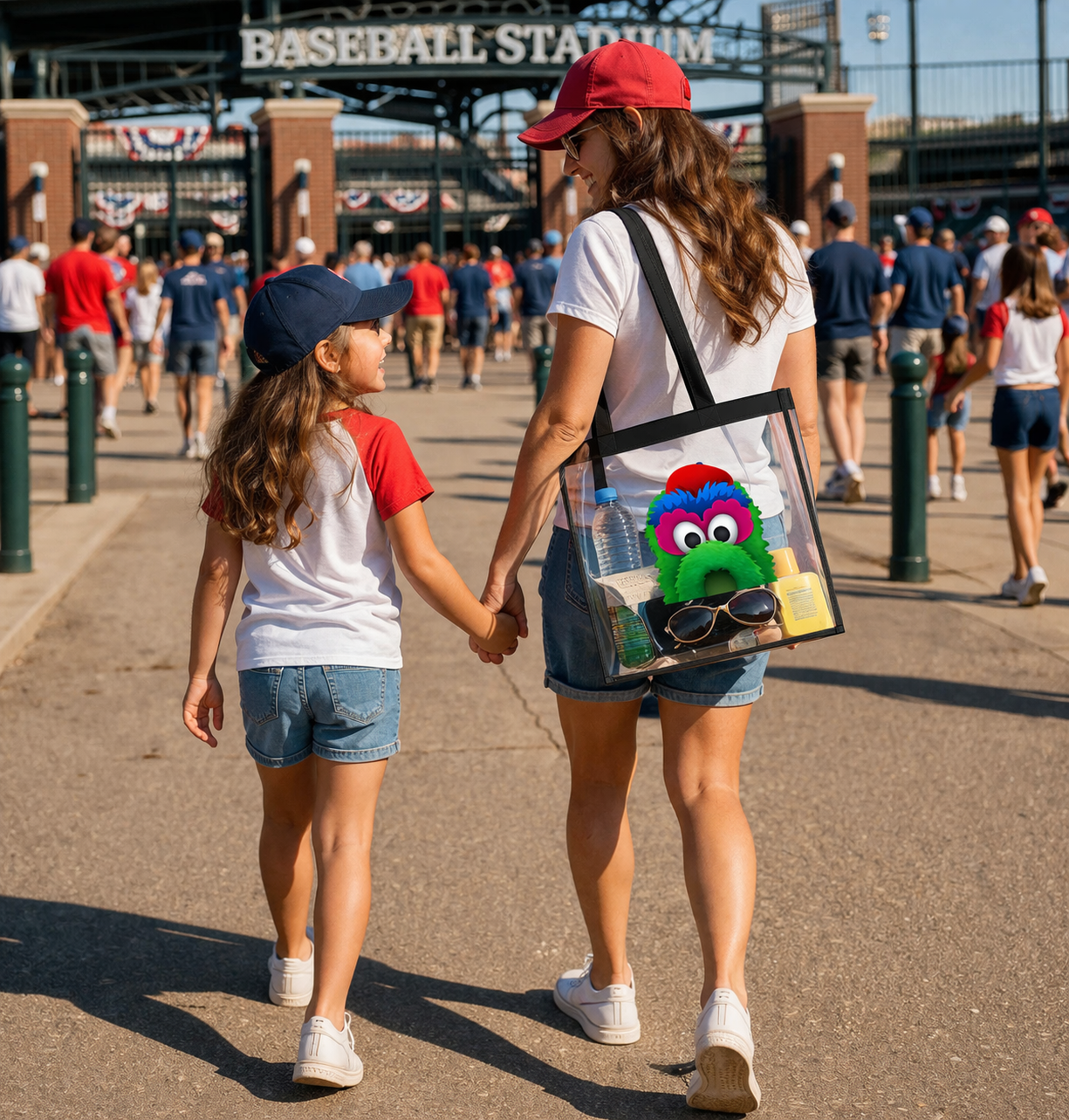 Two people walking hand-in-hand at a baseball stadium, with one carrying a transparent bag featuring a colorful character.