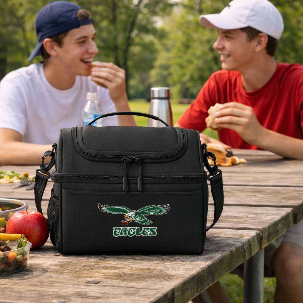 Black cooler bag with Eagles logo on a picnic table with two people eating.