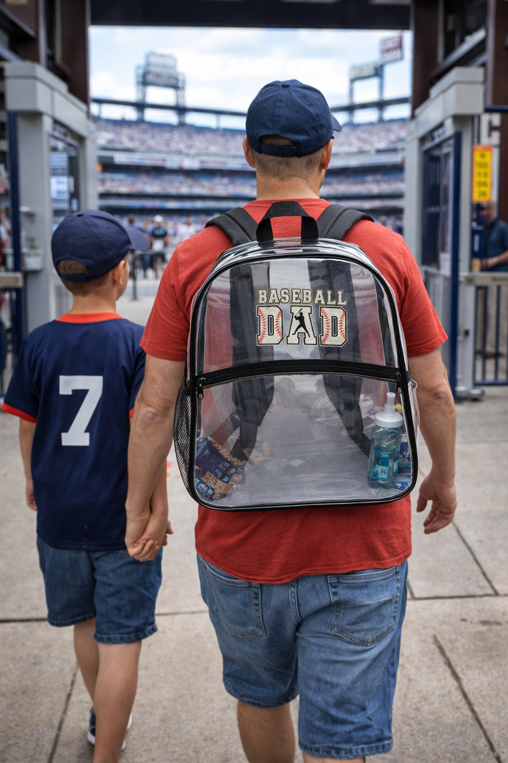Man and child walking together with a clear backpack labeled 'Baseball Dad' at a stadium.