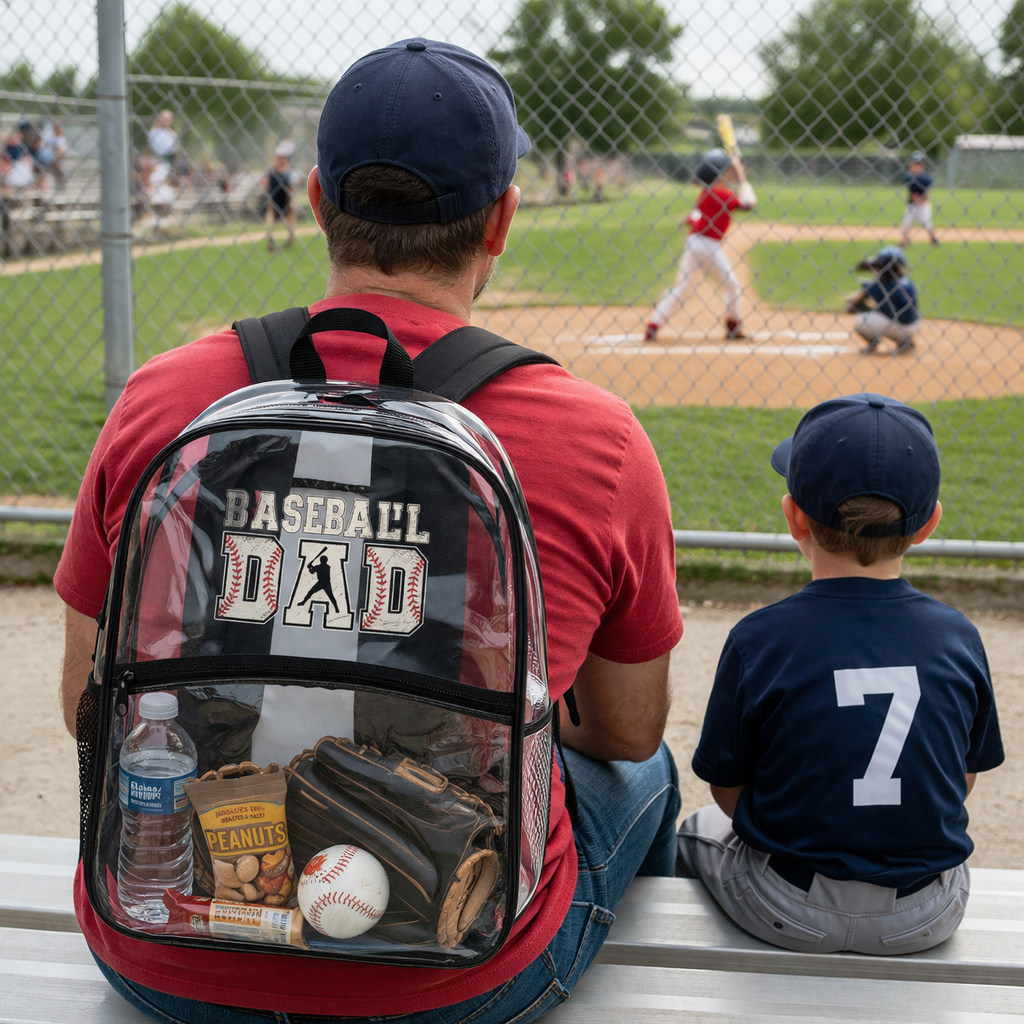 Man and child at a baseball game with 'Baseball Dad' backpack