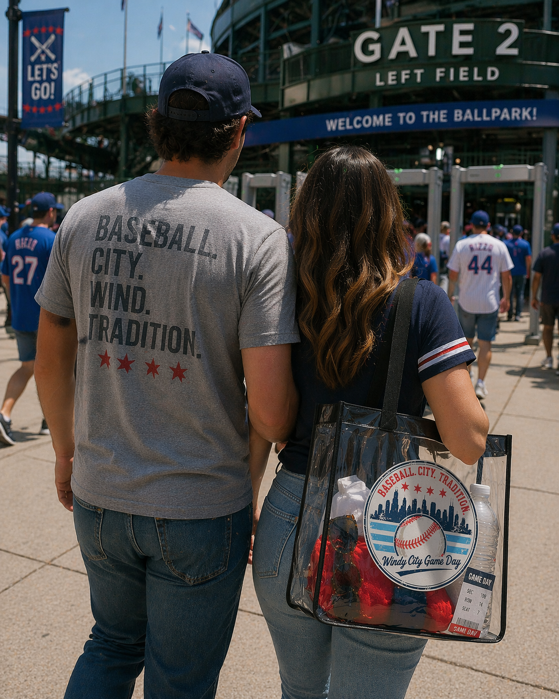 Two people walking towards a baseball stadium with a 'Baseball City' t-shirt and bag.